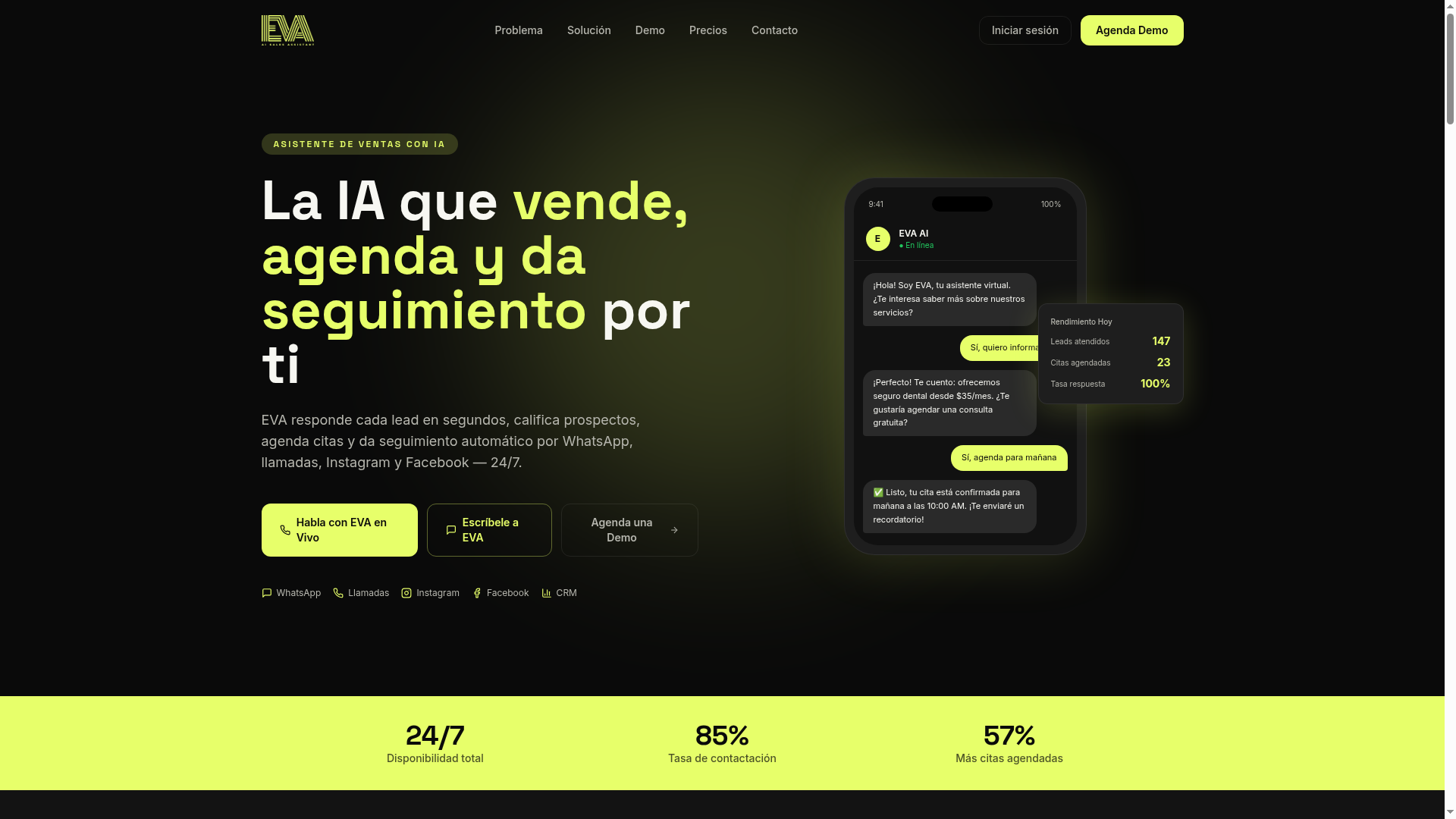 EVA AI — Landing and app for an AI sales assistant that replaces an entire call center.