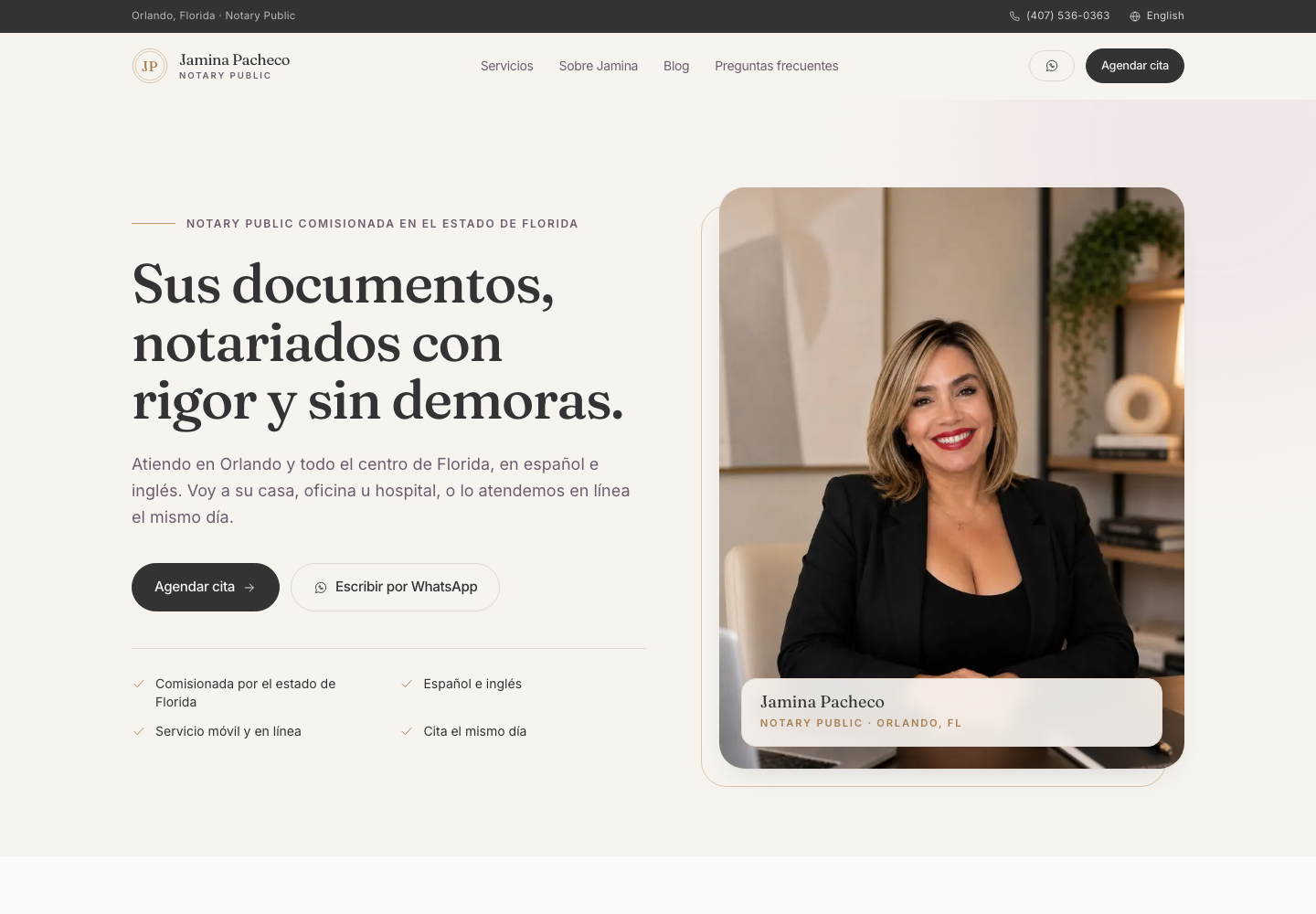 Jamina Pacheco Notary Public — Bilingual website for mobile and online notary services in Central Florida.