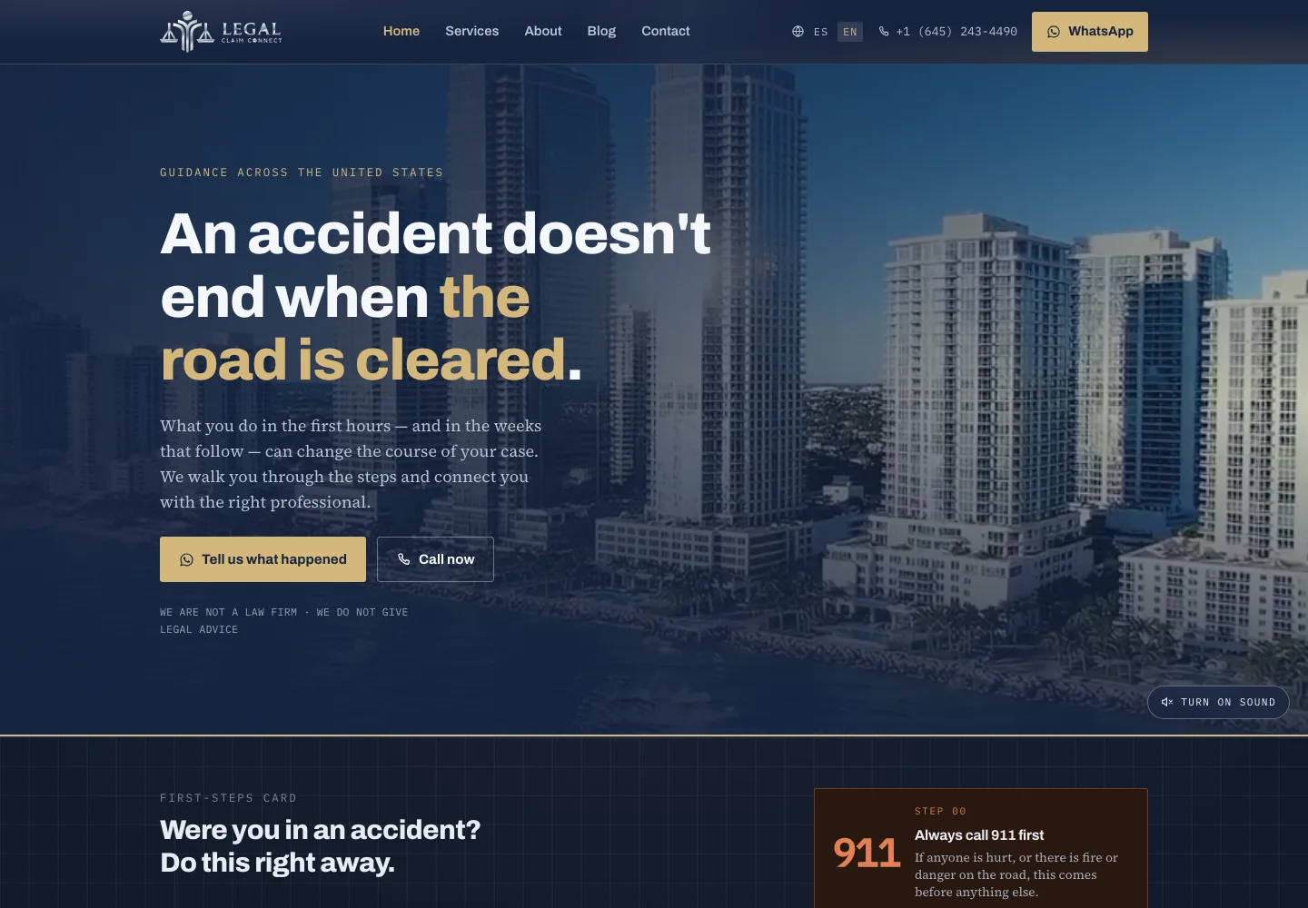 Legal Claim Connect USA — Bilingual site guiding accident victims through their first steps and connecting them with an independent legal professional.