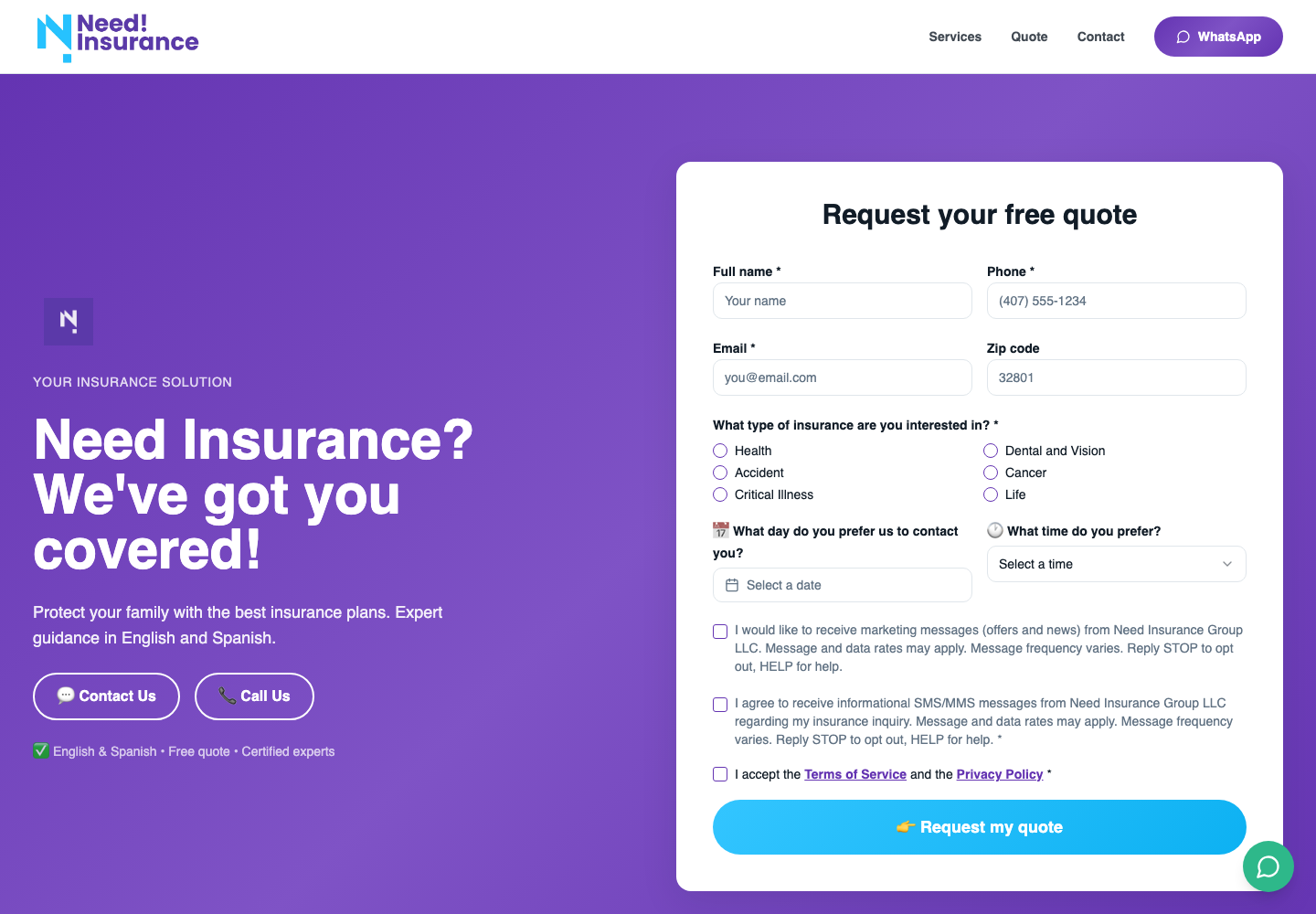 Need Insurance Group — Lead-focused website for an insurance agency serving the Orlando market.